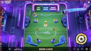 Tampilan layar permainan Pinball Striker 20,000x dengan tema stadion neon