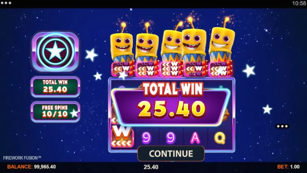 Tampilan visual slot Firework Fusion dengan tema kembang api dan karnaval pantai.